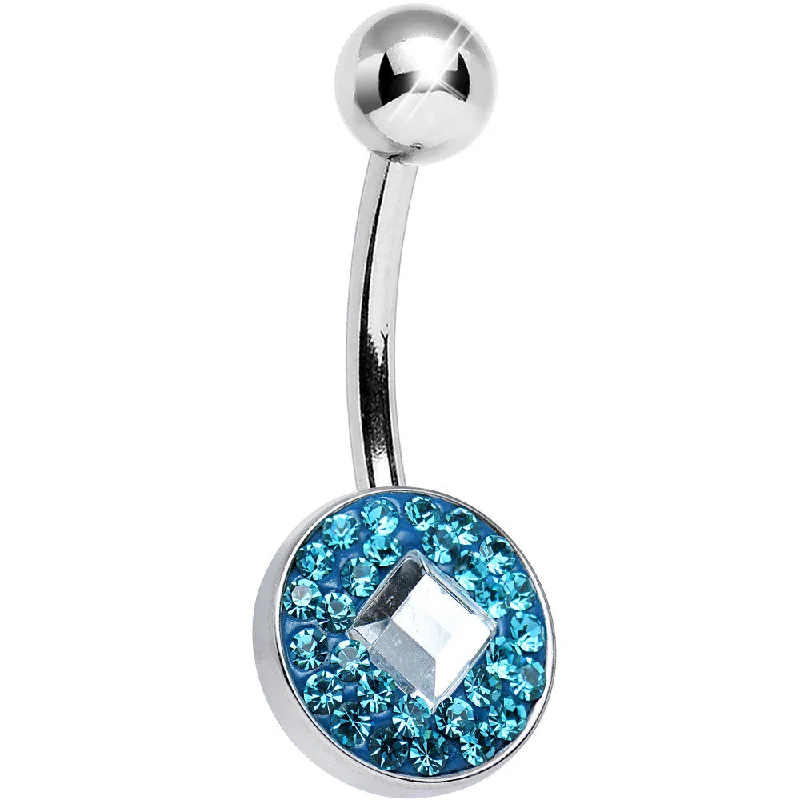 Belly Rings with Exotic Patterns for Unique Style -Aqua Gem Medallion with Clear Gem Diamond Core Belly Ring