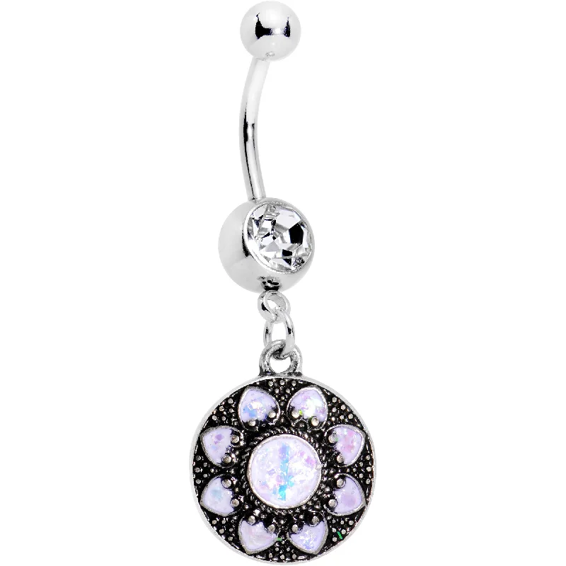 Stylish Belly Rings for Fashion-Forward Women -White Faux Opal Enclosed Flower Dangle Belly Ring Stylish Belly Rings for Fashion-Forward Women -White Faux Opal Enclosed Flower Dangle Belly Ring