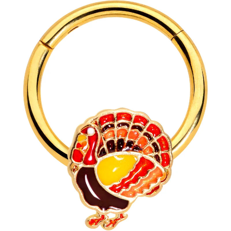Women's Earrings – Elegant Designs for Every Personality--16 Gauge 3/8 Gold Tone Turkey Thanksgiving Hinged Segment Ring