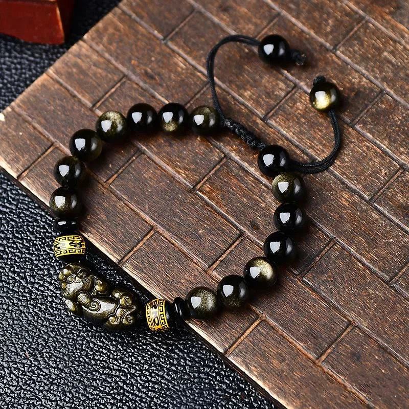 Men's Engraved Gold Bracelets-Buddha Stones Natural Gold Sheen Obsidian PiXiu Om Mani Padme Hum Wealth Braided Bracelet Men's Engraved Gold Bracelets-Buddha Stones Natural Gold Sheen Obsidian PiXiu Om Mani Padme Hum Wealth Braided Bracelet