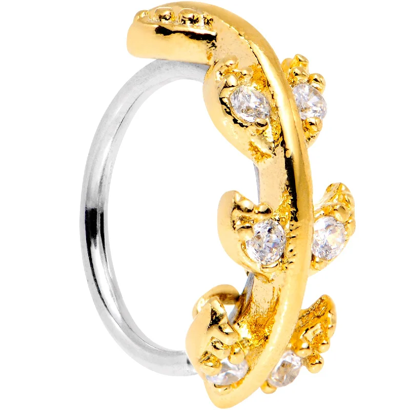 Nose Rings with Chic Touch -18 Gauge 5/16 Clear CZ Gem Gold Tone Leafy Seamless Circular Ring Nose Rings with Chic Touch -18 Gauge 5/16 Clear CZ Gem Gold Tone Leafy Seamless Circular Ring
