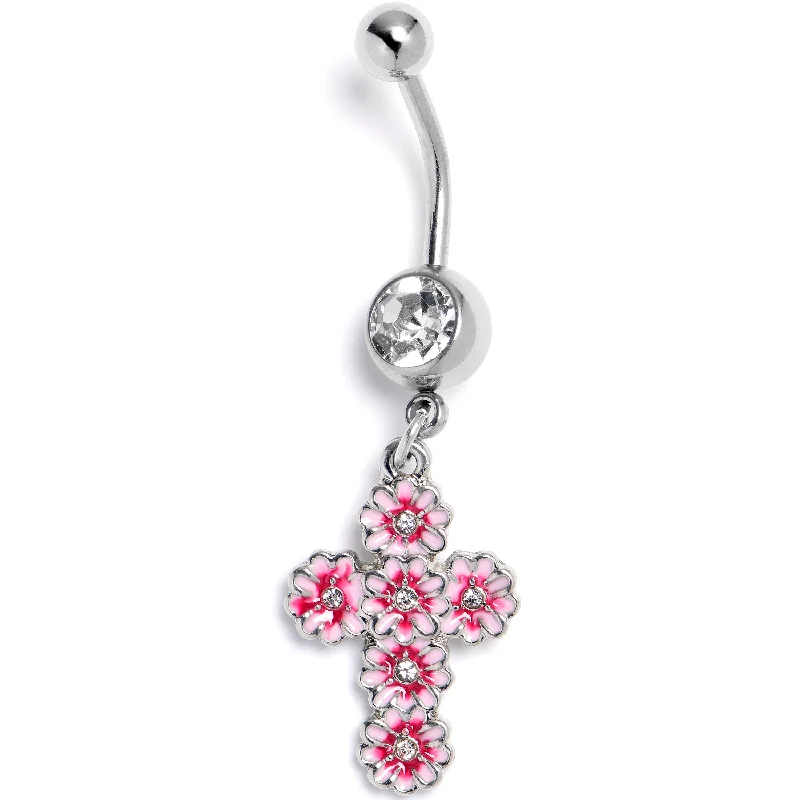Custom Belly Rings for a Fashionable Look -Clear Gem Perfectly Pink Flower Cross Dangle Belly Ring Custom Belly Rings for a Fashionable Look -Clear Gem Perfectly Pink Flower Cross Dangle Belly Ring