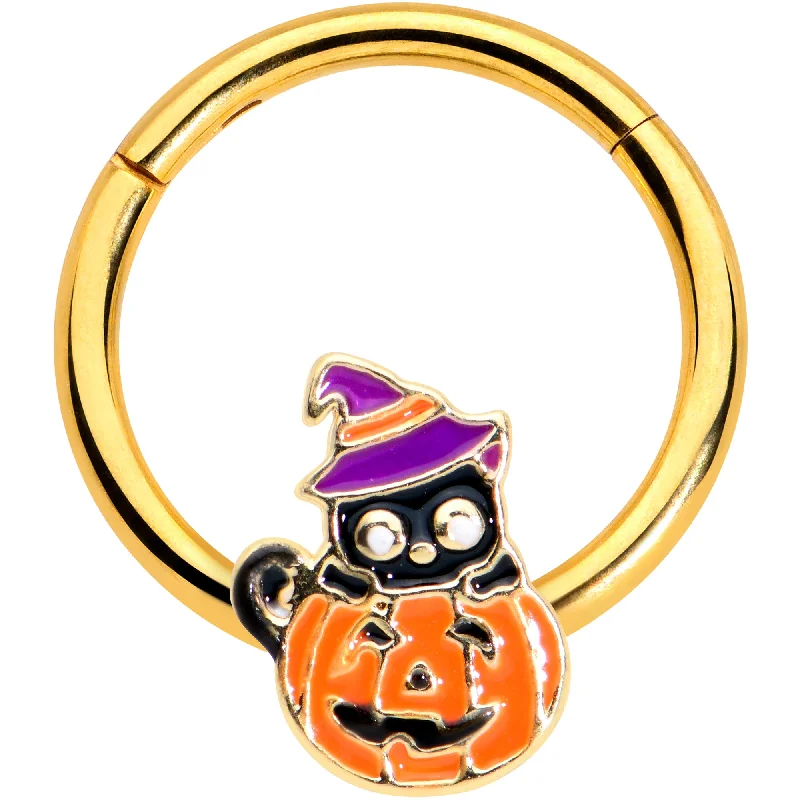 Nose Rings for Elegant Appeal -16 Gauge 3/8 Gold Tone Black Cat Witch Pumpkin Hinged Segment Ring Nose Rings for Elegant Appeal -16 Gauge 3/8 Gold Tone Black Cat Witch Pumpkin Hinged Segment Ring