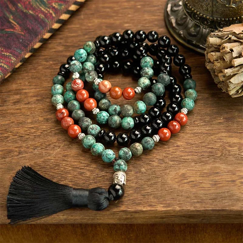 Men's Bracelets for Outdoor Adventures-Buddha Stones 108 Mala Natural Black Onyx Red Jasper Turquoise Beads Buddha Head Tassel Protection Bracelet Men's Bracelets for Outdoor Adventures-Buddha Stones 108 Mala Natural Black Onyx Red Jasper Turquoise Beads Buddha Head Tassel Protection Bracelet