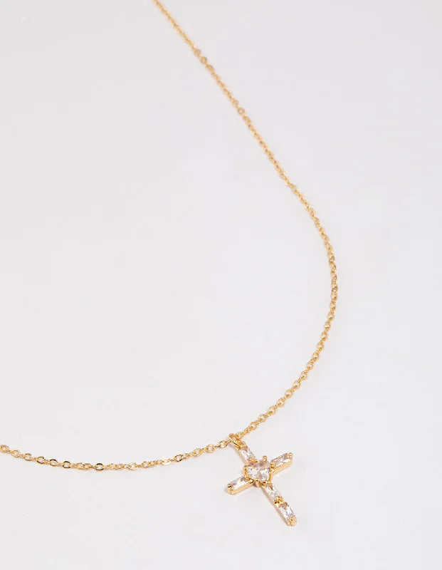 Shop Classic Women's Necklaces & Pendants with a Modern Twist-Gold Plated Cubic Zirconia Baguette Cross Necklace Shop Classic Women's Necklaces & Pendants with a Modern Twist-Gold Plated Cubic Zirconia Baguette Cross Necklace