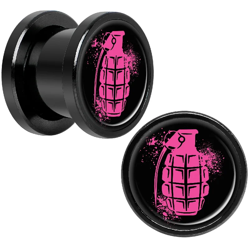 Women's Earrings – Elegant Designs for Every Personality--Pink Grenade Black Anodized Screw Fit Plug Set 00 Gauge Women's Earrings – Elegant Designs for Every Personality--Pink Grenade Black Anodized Screw Fit Plug Set 00 Gauge