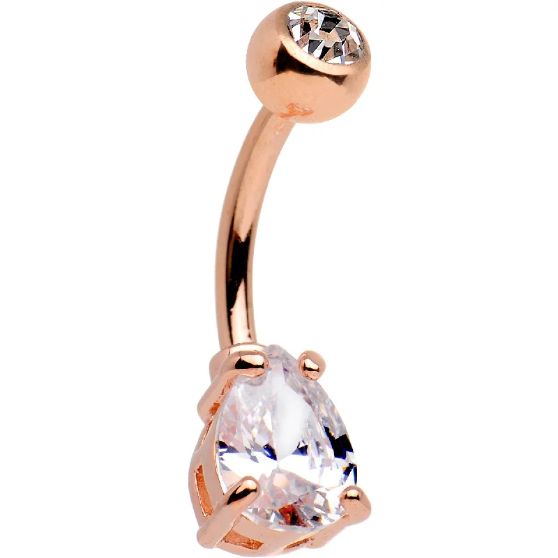 Comfortable Belly Rings with Adjustable Fit -Clear CZ Gem 14kt Rose Gold Plated Steel Cry for Me Belly Ring