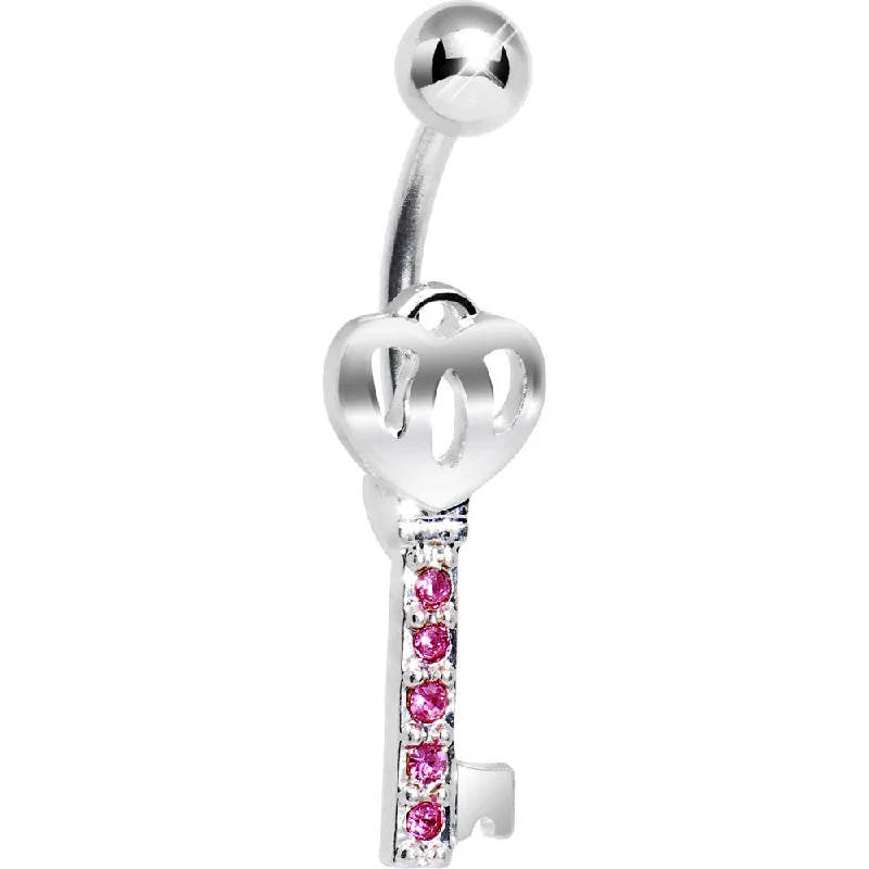 Trendy Belly Rings with Stylish Accents -Pink Gem Skeleton Heart Key Belly Ring