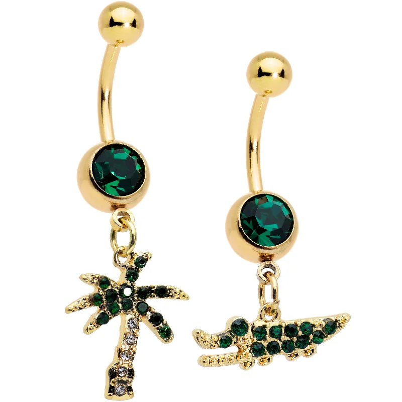 Stunning Belly Rings for Exclusive Appeal -Green Gem Gold Tone Gator Palm Tree Dangle Belly Ring Set of 2 Stunning Belly Rings for Exclusive Appeal -Green Gem Gold Tone Gator Palm Tree Dangle Belly Ring Set of 2