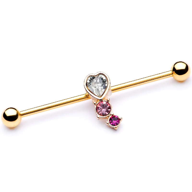 Women's Earrings – Elegant Designs for Every Personality--14 Gauge Clear Pink Red Gem Gold Tone Heart Industrial Barbell 38mm