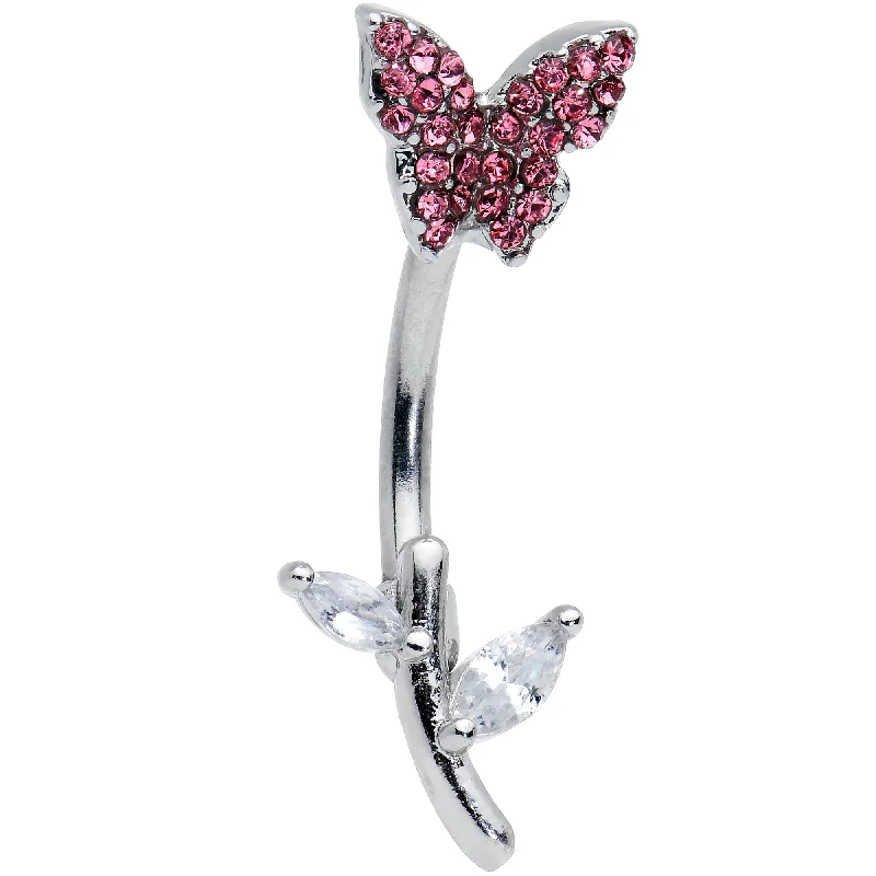Stylish Belly Rings for Bold Fashion Choices -Clear Pink Gem Branch Butterfly Top Mount Belly Ring Stylish Belly Rings for Bold Fashion Choices -Clear Pink Gem Branch Butterfly Top Mount Belly Ring