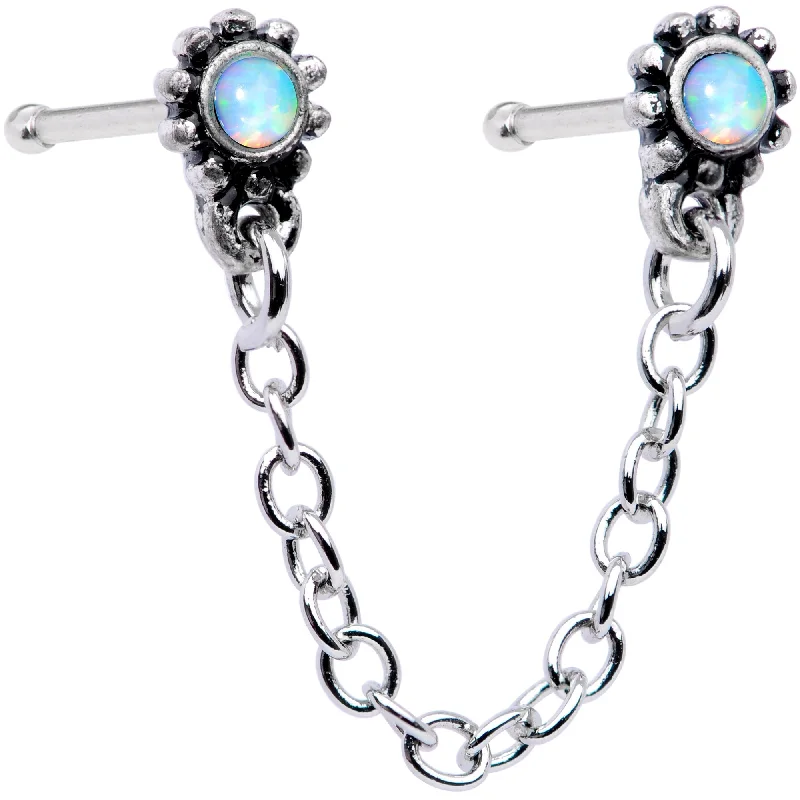 Nose Rings for Piercing Jewelry -20 Gauge 1/4 White Synthetic Opal Chain Dangle Double Nose Bone Nose Rings for Piercing Jewelry -20 Gauge 1/4 White Synthetic Opal Chain Dangle Double Nose Bone