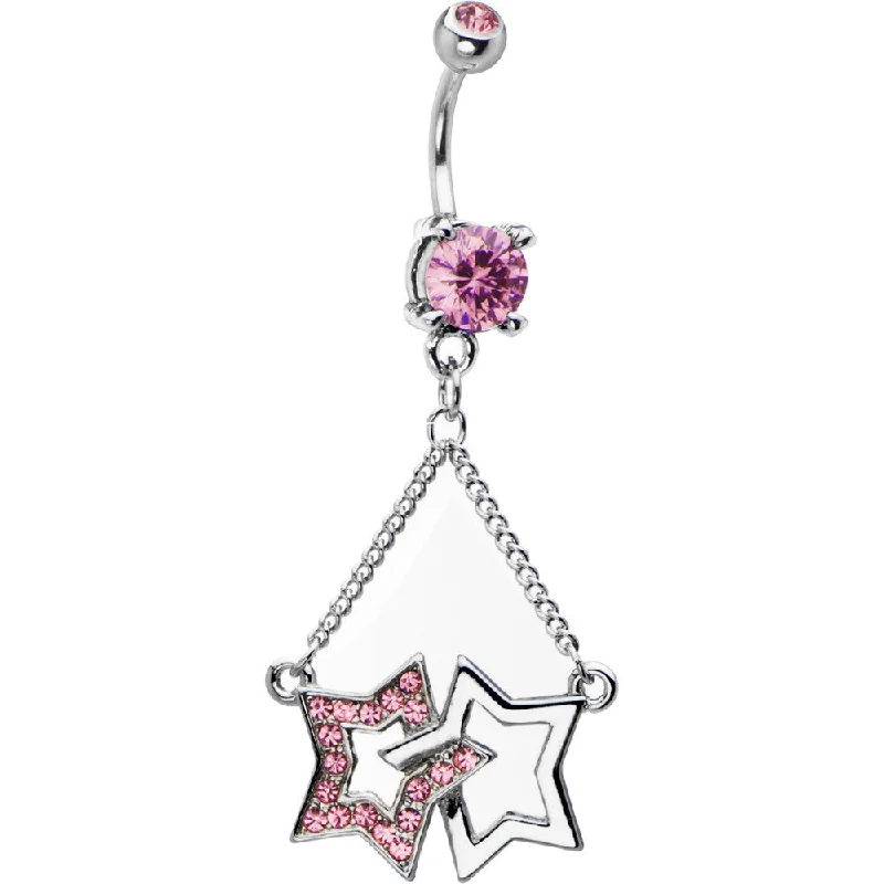 Belly Rings for Trendy Looks -Dual Star Pink Cubic Zirconia Dangle Chain Belly Ring