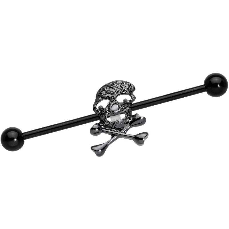 Women's Earrings – Elegant Designs for Every Personality--14 Gauge Black Skull and Crossbones Halloween Industrial Barbell 38mm