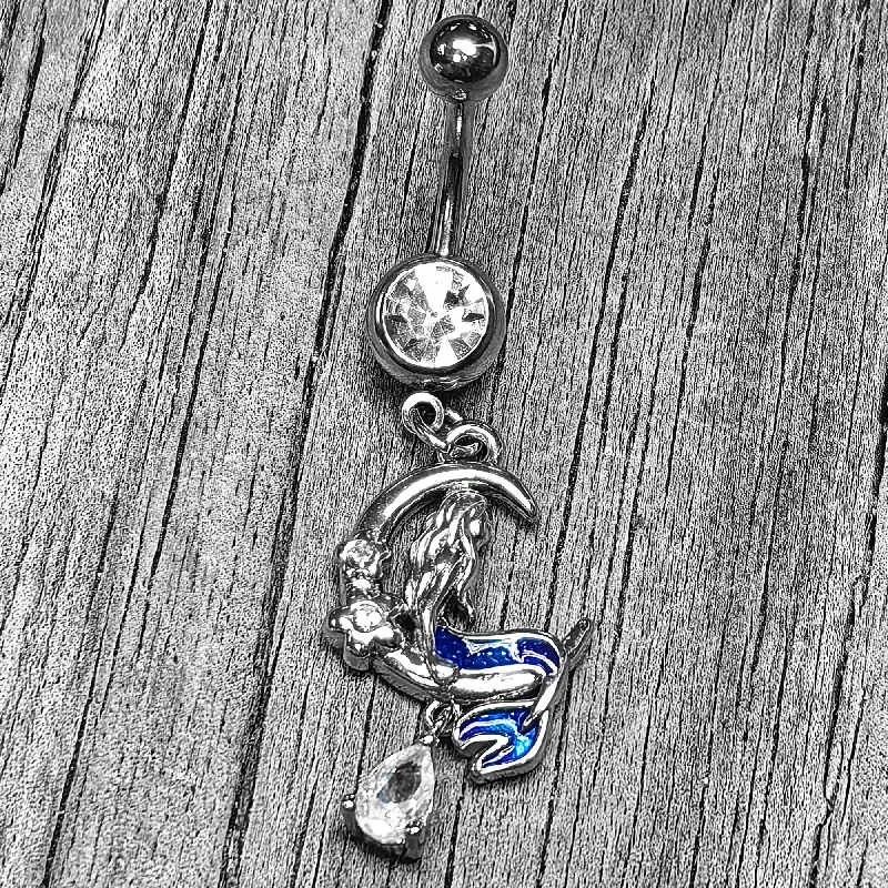 Trendy Belly Rings for Bold Fashionistas -Clear Gem Floral Mermaid Moon Dangle Belly Ring Trendy Belly Rings for Bold Fashionistas -Clear Gem Floral Mermaid Moon Dangle Belly Ring