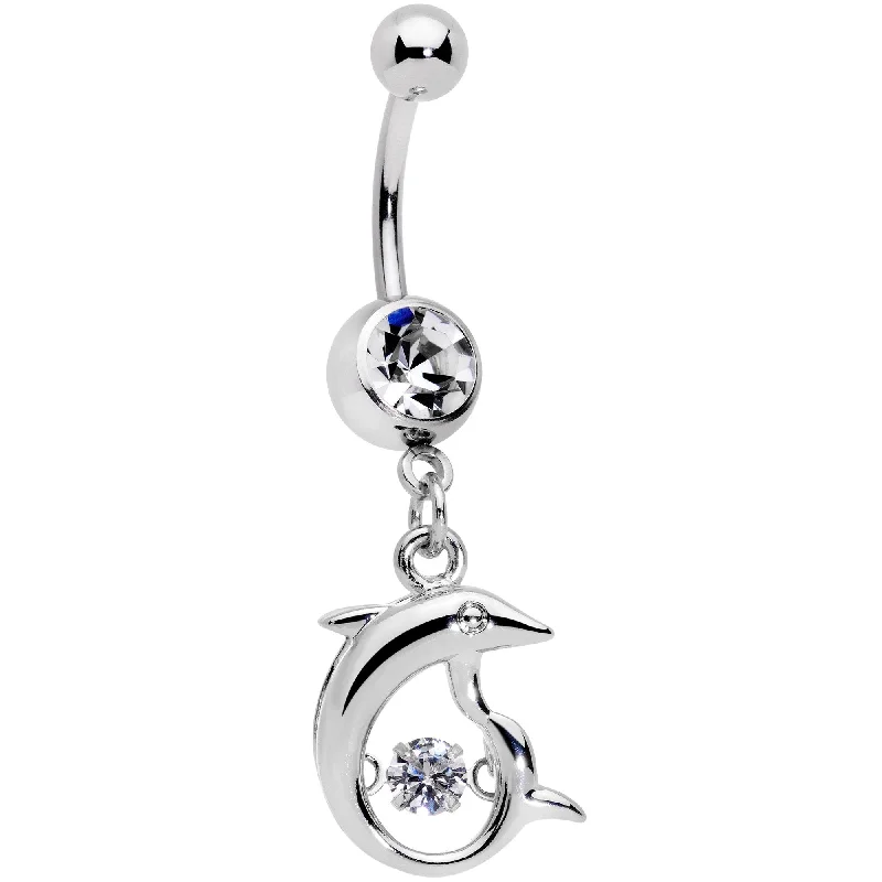 Custom Belly Rings for Fashionable Touch -Clear CZ Gem Abstract Dancing Dolphin Dangle Belly Ring