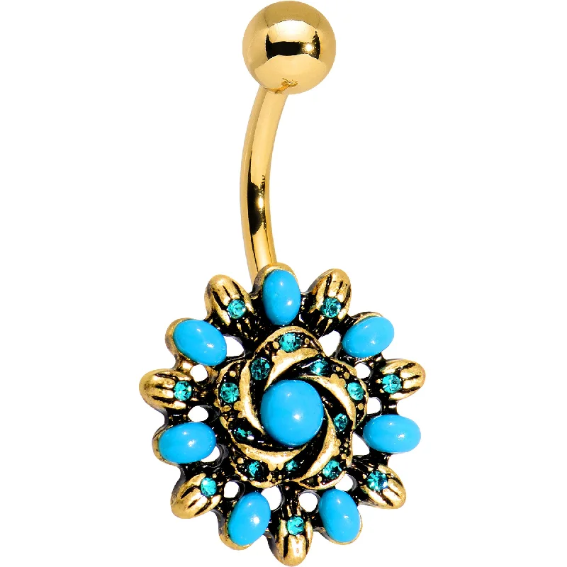 Comfortable Belly Rings with Bold Style -Aqua Gem Blue Orb Gold Anodized Southwest Swirl Flower Belly Ring Comfortable Belly Rings with Bold Style -Aqua Gem Blue Orb Gold Anodized Southwest Swirl Flower Belly Ring