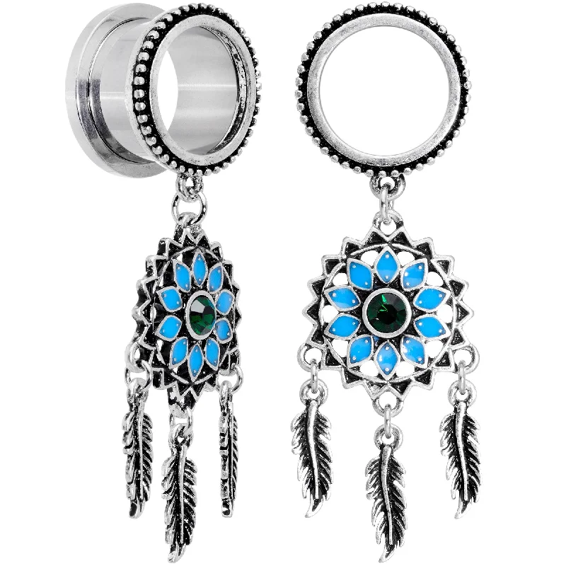 Women's Earrings – Elegant Designs for Every Personality--Green Gem Feather Dreamcatcher Screw Fit Tunnel Plug Set