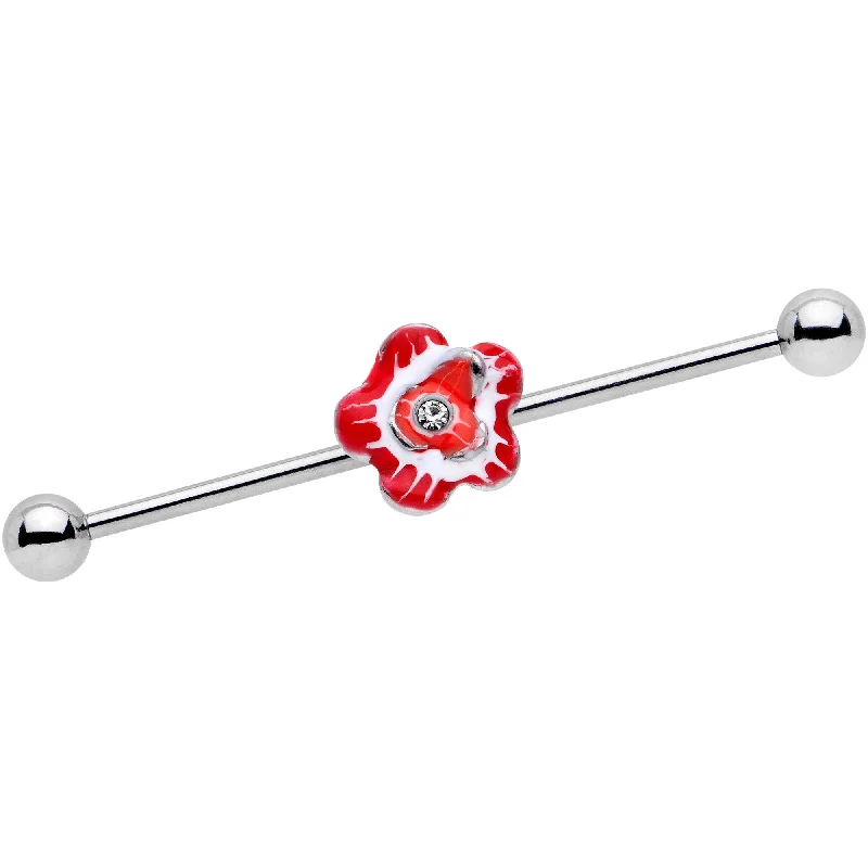 Women's Earrings – Elegant Designs for Every Personality--14 Gauge Clear Gem Red Anemone Flower Industrial Barbell 38mm