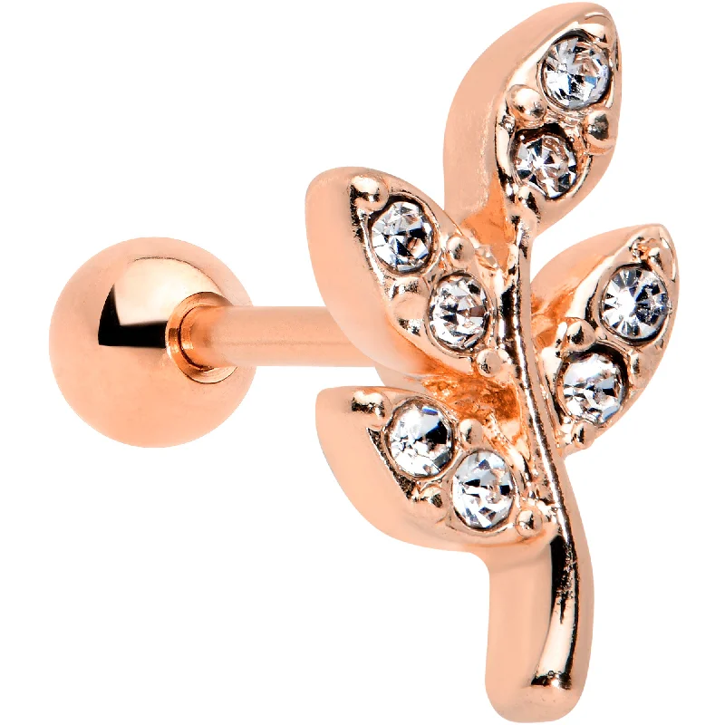Women's Earrings – Elegant Designs for Every Personality--16 Gauge 1/4 Clear Gem Rose Gold Tone Lush Leaves Cartilage Tragus