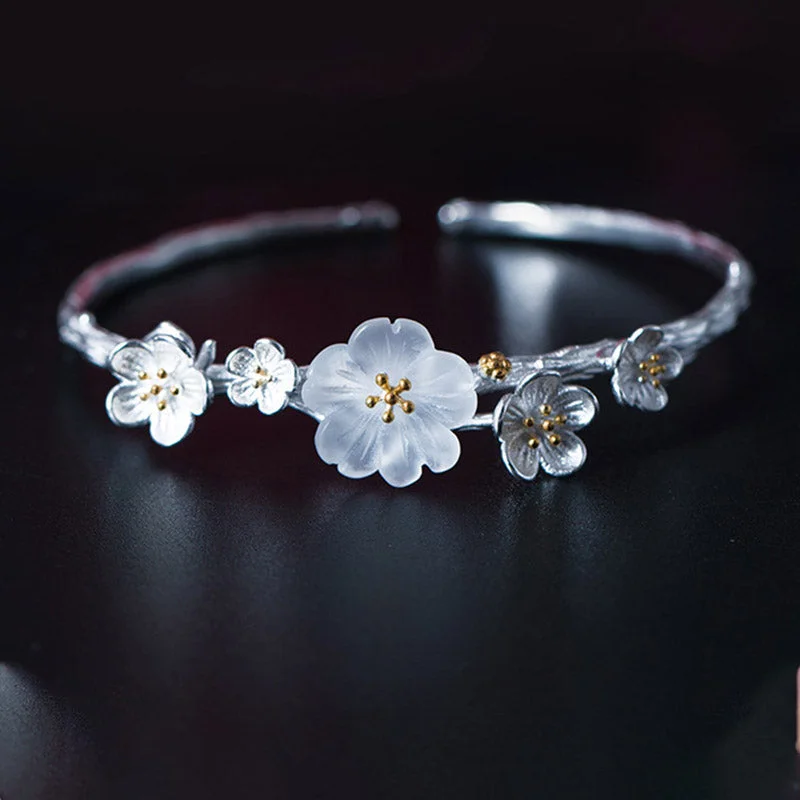 Women's Cuff Bangles with Gemstones-Buddha Stones 925 Sterling Silver Plum Flower Blessing Bracelet Adjustable Bangle Women's Cuff Bangles with Gemstones-Buddha Stones 925 Sterling Silver Plum Flower Blessing Bracelet Adjustable Bangle