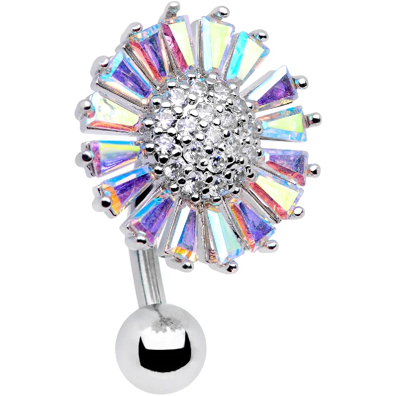 Cute Belly Rings for Summer Style -Clear Aurora CZ Gem Sunflower Belly Ring