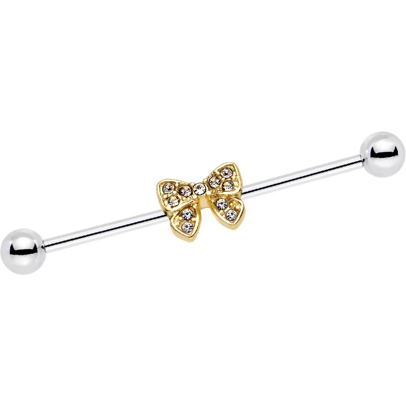 Women's Earrings – Elegant Designs for Every Personality--14 Gauge Clear Gem Gold Tone Knotted Bow Industrial Barbell 35mm
