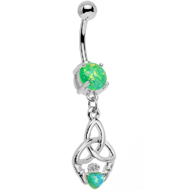 Comfortable Belly Rings with Vibrant Colors -Green Faux Opal Trinity Claddagh Dangle Belly Ring