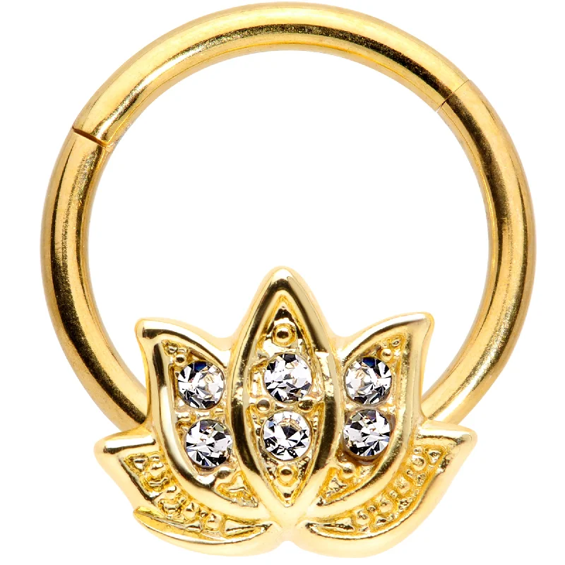 Small Nose Rings -16 Gauge 3/8 Clear Gem Gold Tone Lotus Flower Hinged Segment Ring