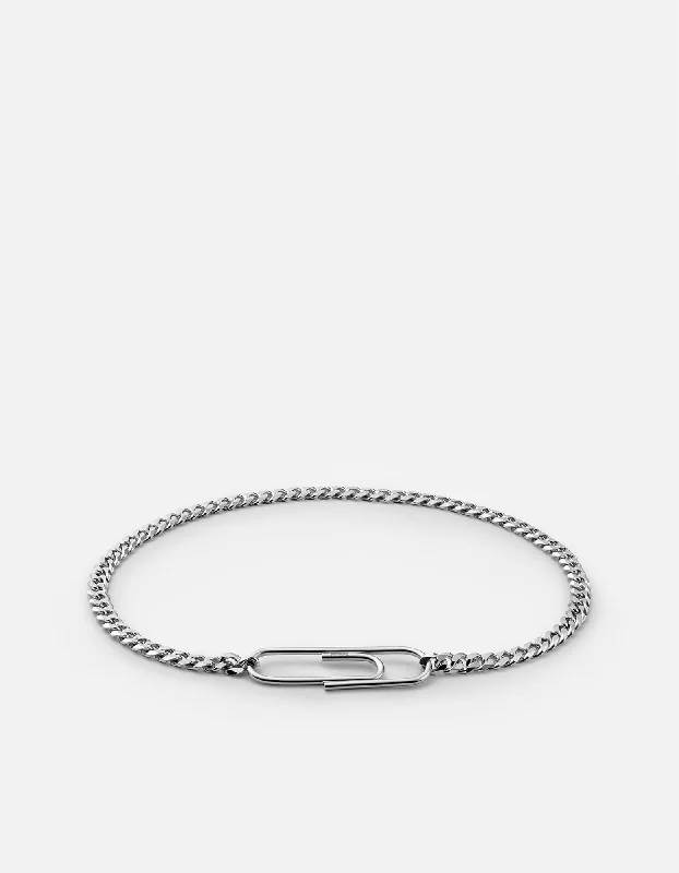 Men's Bracelets with Silver and Leather Details-Cuban Link Paper Clip Bracelet, Sterling Silver Men's Bracelets with Silver and Leather Details-Cuban Link Paper Clip Bracelet, Sterling Silver