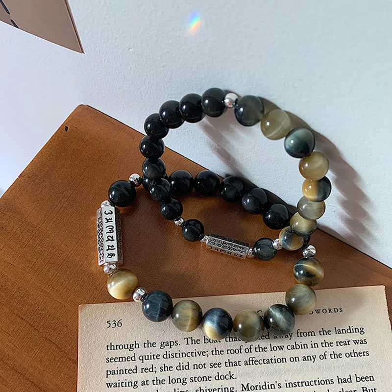 Men's Bracelets with Multi-Colored Details-Buddha Stones Natural Black Obsidian Tiger's Eye Six True Words 'om Mani Padme Hum' Strength Love Bracelet Men's Bracelets with Multi-Colored Details-Buddha Stones Natural Black Obsidian Tiger's Eye Six True Words 'om Mani Padme Hum' Strength Love Bracelet