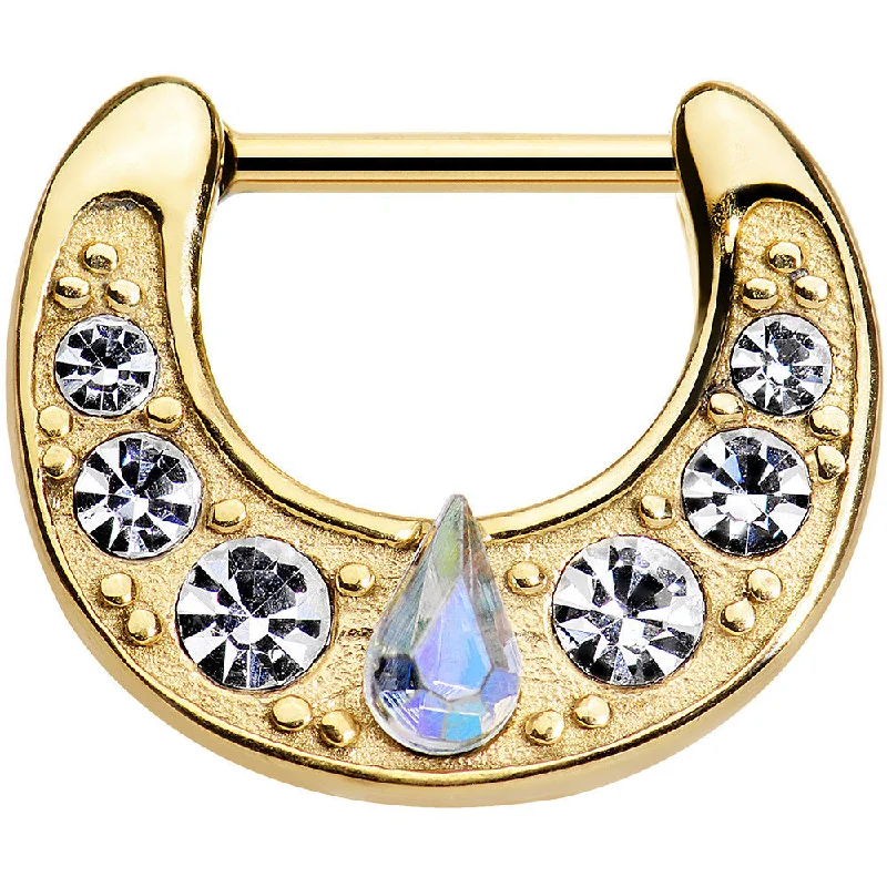 Designer Nose Rings for Elegant Women -16 Gauge 5/16 Gold Plated Aurora Teardrop Clear Gem Septum Clicker Designer Nose Rings for Elegant Women -16 Gauge 5/16 Gold Plated Aurora Teardrop Clear Gem Septum Clicker
