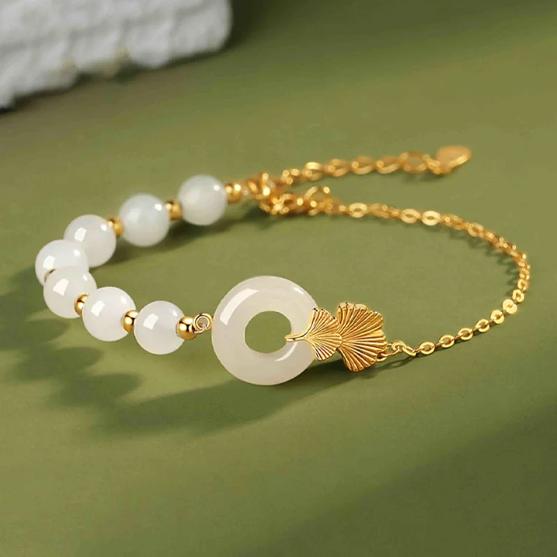 Slim Bangles for Women-Buddha Stones 925 Sterling Silver Hetian White Jade Peace Buckle Ginkgo Leaf Luck Bracelet