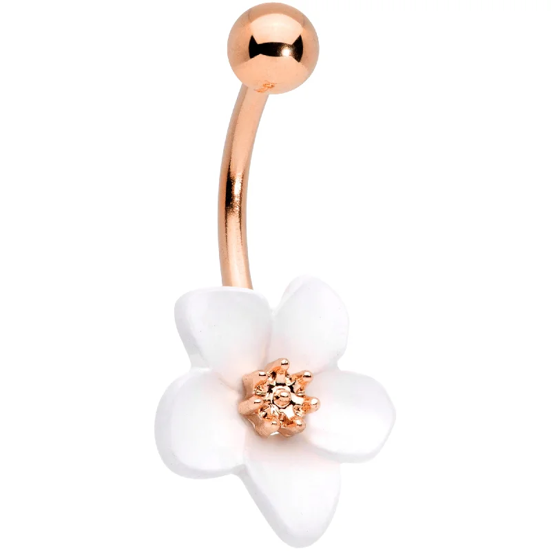 Trendy Belly Rings for Bold Fashionistas -Rose Gold Tone Spring Blossom Pretty White Flower Belly Ring Trendy Belly Rings for Bold Fashionistas -Rose Gold Tone Spring Blossom Pretty White Flower Belly Ring
