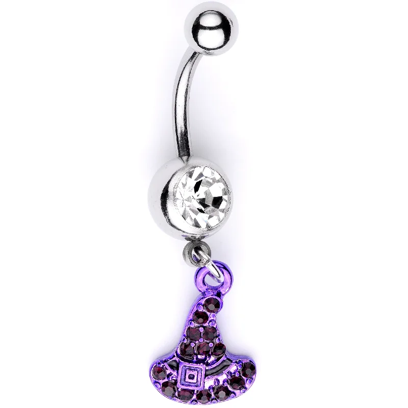 Stylish Belly Rings with Elegant Features -Clear Black Gem Purple Witch Hat Halloween Dangle Belly Ring Stylish Belly Rings with Elegant Features -Clear Black Gem Purple Witch Hat Halloween Dangle Belly Ring