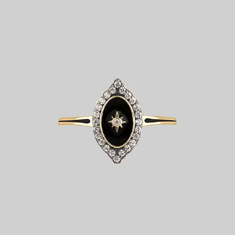 Chic Women's Rings for Fashion-Forward Looks-REVERENCE. Oval Black Enamel Crystal Gold Ring Chic Women's Rings for Fashion-Forward Looks-REVERENCE. Oval Black Enamel Crystal Gold Ring