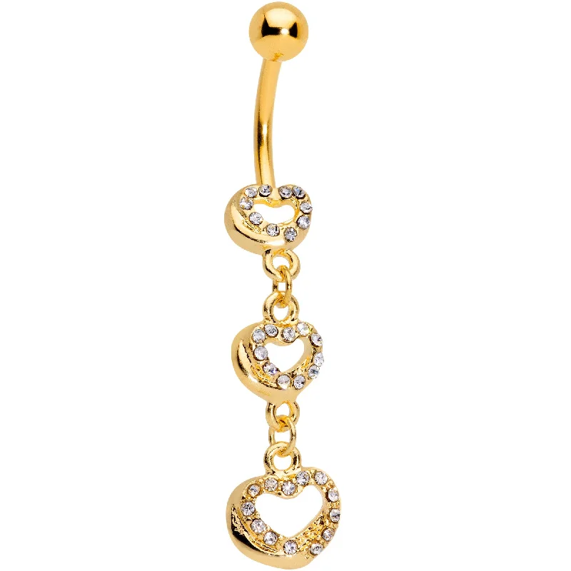 Unique Belly Rings with Creative Touch -Clear Gem Gold Tone Triple Hearts in Motion Dangle Belly Ring Unique Belly Rings with Creative Touch -Clear Gem Gold Tone Triple Hearts in Motion Dangle Belly Ring