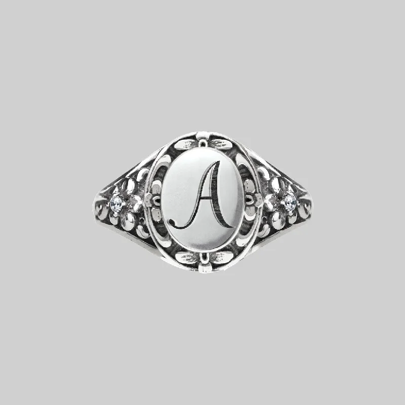 Chic Women's Rings for Fashion-Forward Looks-DARK GARDEN. Ornate Initial Ring (A - M) Chic Women's Rings for Fashion-Forward Looks-DARK GARDEN. Ornate Initial Ring (A - M)