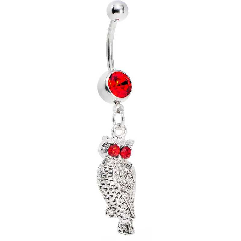 Stylish Belly Rings for Bold Fashion Choices -Red Gem Blazing Eyes Owl Belly Ring