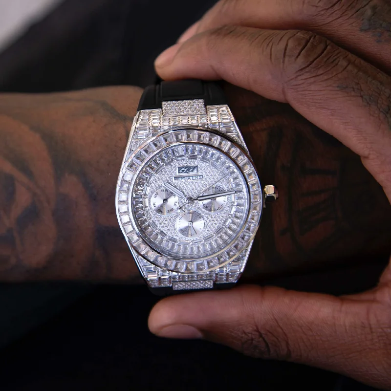 Stylish Watches for Men-42MM Fully Iced Baguette Alpha Era® w/ Rubber Strap