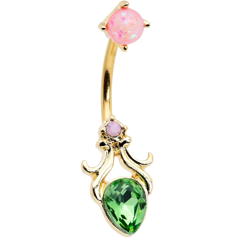 Belly Rings with Beautiful Crystal Details -Green Gem Gold Tone Shades of Spring Double Mount Belly Ring Belly Rings with Beautiful Crystal Details -Green Gem Gold Tone Shades of Spring Double Mount Belly Ring