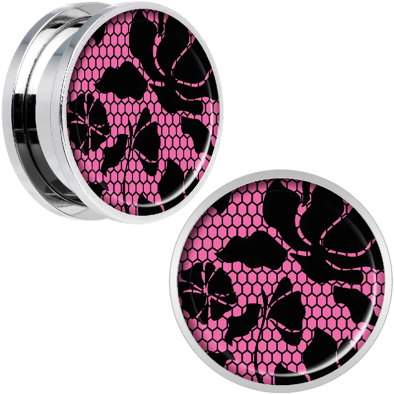 Women's Earrings – Elegant Designs for Every Personality--Pink Floral Lace Steel Screw Fit Plug Set 20mm Women's Earrings – Elegant Designs for Every Personality--Pink Floral Lace Steel Screw Fit Plug Set 20mm