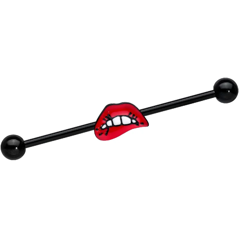 Women's Earrings – Elegant Designs for Every Personality--14 Gauge Black Red Sneering Bite Lips Industrial Barbell 38mm