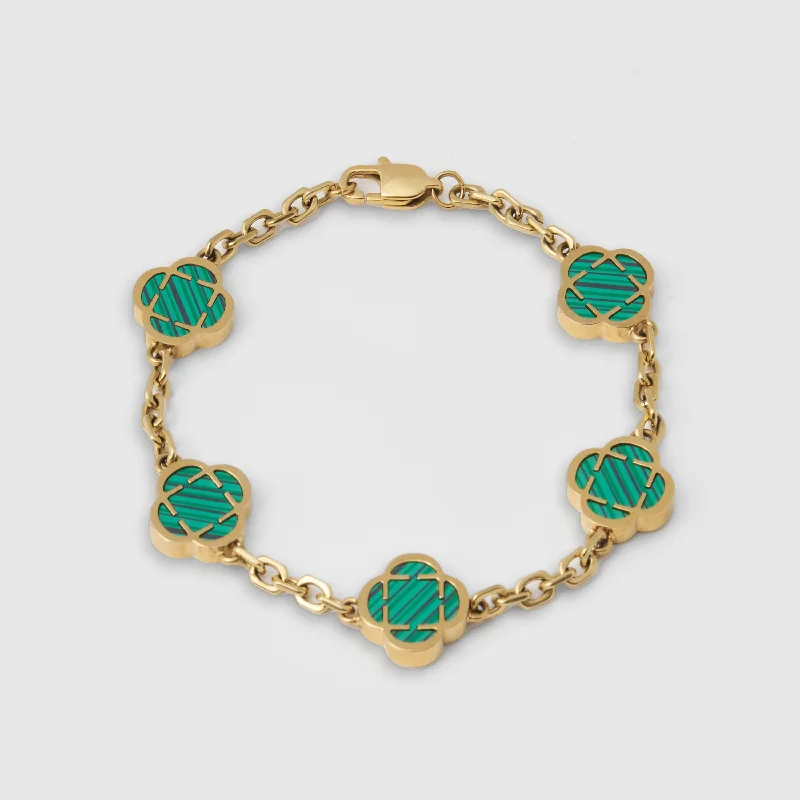 Simple Wrist Bracelets for Men-Malachite Clover Stone Bracelet (Gold)