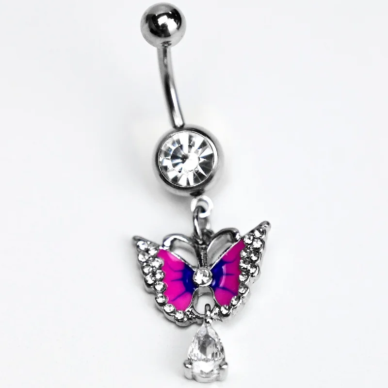 Silver Belly Rings for Elegant Appeal -Clear Gem Drop Butterfly Pink Blue Dangle Belly Ring Silver Belly Rings for Elegant Appeal -Clear Gem Drop Butterfly Pink Blue Dangle Belly Ring