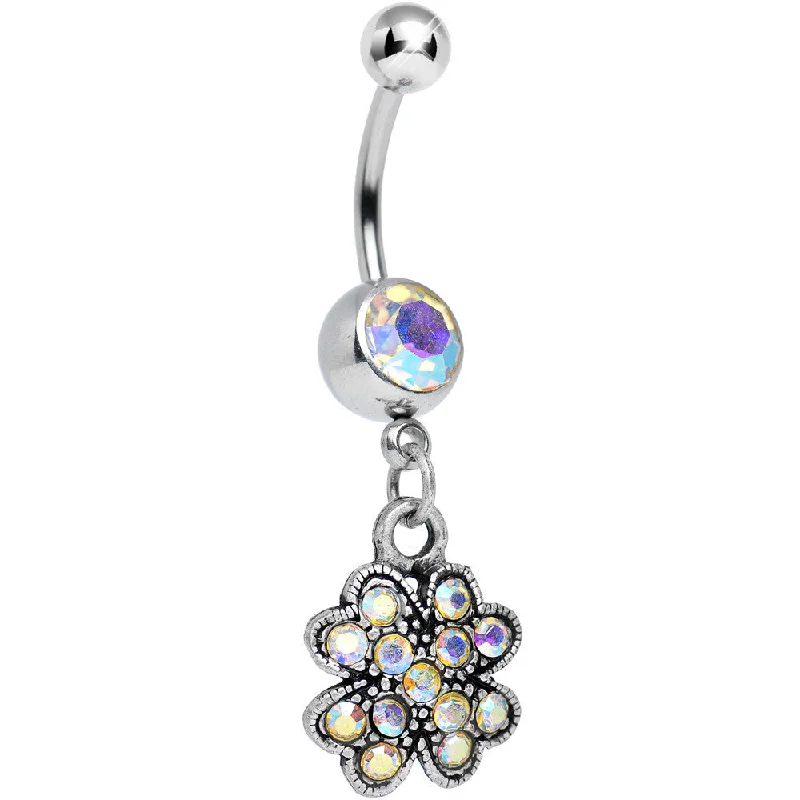 Trendy Belly Rings for Fashion Enthusiasts -Antique Silver Giant Clover Aurora Gem Dangle Belly Ring Trendy Belly Rings for Fashion Enthusiasts -Antique Silver Giant Clover Aurora Gem Dangle Belly Ring
