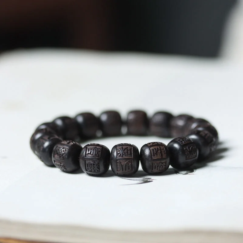Luxury Gemstone Bangles for Women-Buddha Stones Tibet Ebony Wood Om Mani Padme Hum Engraved Balance Bracelet Luxury Gemstone Bangles for Women-Buddha Stones Tibet Ebony Wood Om Mani Padme Hum Engraved Balance Bracelet