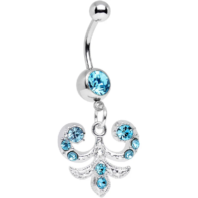 Designer Belly Rings for Exclusive Looks -Aqua Gem Elaborate French Swirls Dangle Belly Ring Designer Belly Rings for Exclusive Looks -Aqua Gem Elaborate French Swirls Dangle Belly Ring