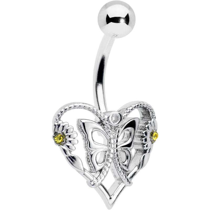 Designer Belly Rings with Unique Features -Clear Yellow CZ Gem Heart Flower Butterfly Belly Ring Designer Belly Rings with Unique Features -Clear Yellow CZ Gem Heart Flower Butterfly Belly Ring