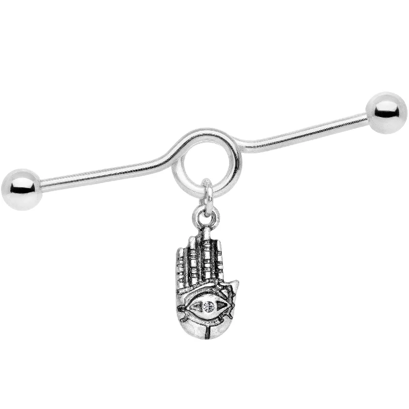Women's Earrings – Elegant Designs for Every Personality--Clear Gem Hamsa Eye Industrial Barbell 38mm Women's Earrings – Elegant Designs for Every Personality--Clear Gem Hamsa Eye Industrial Barbell 38mm